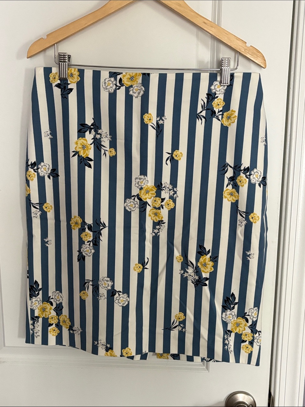 Ann Taylor Blue and White Striped Pencil Skirt with Yellow Floral Print